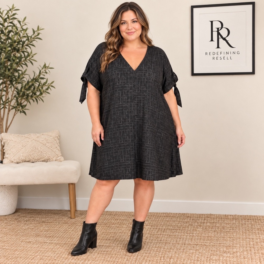 Entro Womens Black Grid Jacquard V-Neck Tie Sleeve Shift Dress XL D14059P